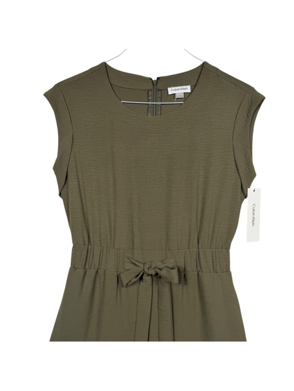 Calvin Klein Scuba Crepe Jumpsuit Olive Green Tie Waist Pocket Back Zip Womens 4 - Picture 4 of 7